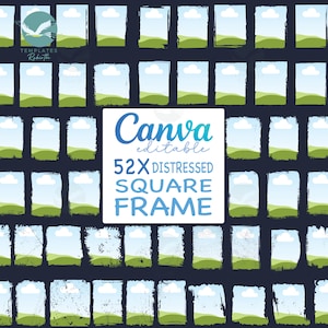 May include: A set of 52 distressed square frames with a green hill, blue sky, and white clouds. The frames are editable in Canva.