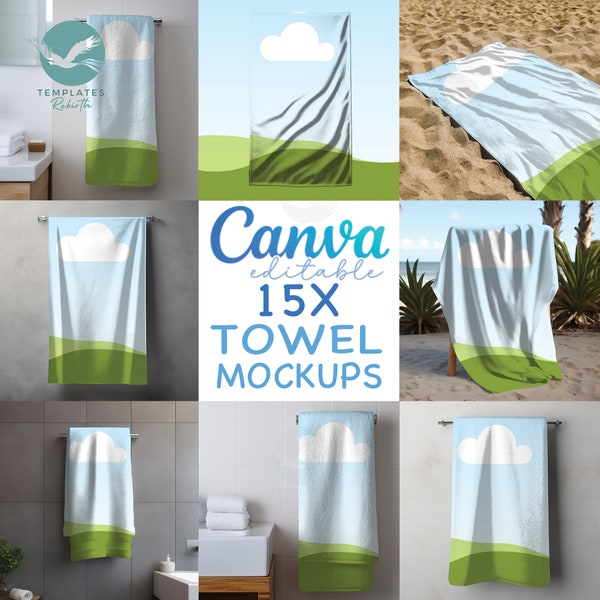 15x Towel Mockups bundle Canva Editable, Drag and Drop Your Picture Frame, Canva Overly Transparency Shop Mockup, Beach and Bathroom Towel