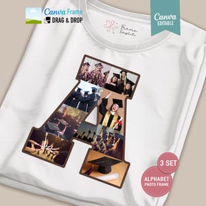 Op de afbeelding: Wit T-shirt met een grote letter "A" gevuld met afstudeerfoto's. De letter is bruin omlijnd en bevat afbeeldingen van afgestudeerden in toga's en baretten. Het shirt heeft ook de tekst "Canva Frame Drag & Drop" en "Canva Editable".