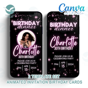 Digitale Geburtstagseinladungskarte Canva bearbeitbar / füllen Sie Ihr eigenes Bild / passen Sie animierte Video Dinner Party einladen in schwarz und rosa Glitzer
