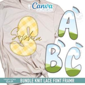 May include: A light beige t-shirt featuring a large yellow gingham number 3 with the name "Sophia" in gold script. The shirt also displays the letters A, B, and C with a landscape design and a lace trim.