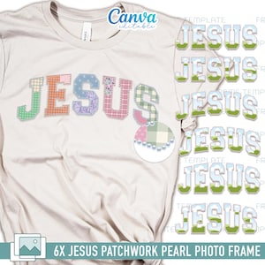 Può includere: T-shirt beige con la parola "JESUS" in lettere patchwork colorate. Il design include un ornamento di perle e diverse varianti della parola "JESUS" in formato modello. Il testo "6X JESUS PATCHWORK PEARL PHOTO FRAME" è in basso.
