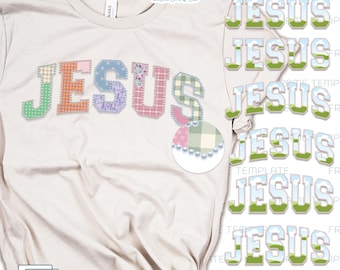 Modèle de cadre de police Jesus Preppy Patchwork Canva : Alphabet sportif universitaire rétro chrétien PNG.