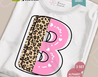 Valentine Half Split Doodle Font Frame: Leopard Heart Editable Alphabet PNG Template (Canva)