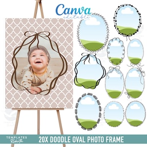 Puede incluir: Un caballete muestra una foto enmarcada de un bebé, rodeada por un marco ovalado marrón. A la derecha, hay varios marcos de fotos ovalados con un diseño de paisaje. El texto "Canva editable" está en la parte superior y "20X DOODLE OVAL PHOTO FRAME" en la parte inferior.