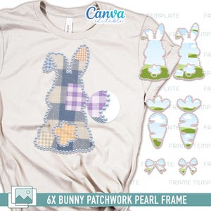 Plantilla de marco de fotos de Pascua estilo preppy con diseño de conejito y patchwork: estampado de cuadros estilo cottage core con bordado simulado (descarga digital)