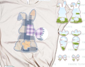 Modèle de cadre photo preppy Pâques en patchwork de lapin : fausse broderie vichy Cottage Core (téléchargement numérique)