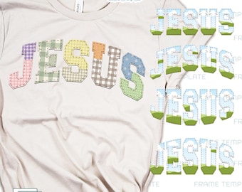 Modèle de cadre de polices de caractères Jésus imitation brodée Canva : alphabet universitaire sportif rétro chrétien PNG.