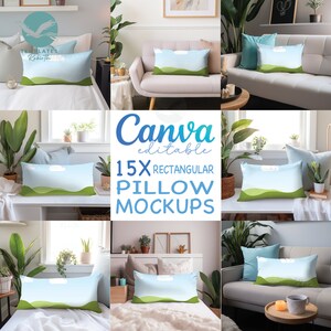 Könnte beinhalten: 15 bearbeitbare Canva-Kissen-Mockups mit rechteckigen Kissen mit einem grünen und blauen Landschaftsdesign. Die Kissen werden auf verschiedenen Möbeln präsentiert, darunter Sofas, Betten und Bänke.