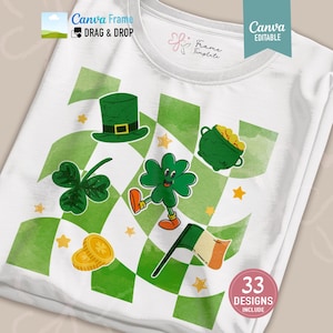 May include: A white t-shirt featuring a green and white checkered pattern background with St. Patrick's Day graphics including a green top hat, a pot of gold, a shamrock, gold coins, a flag, and small yellow stars. The shirt includes text labels.
