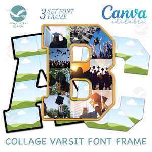 Pacote de colagem de fotos, moldura de fonte maiúscula universitária, editável pela Canva, preencha com sua própria imagem, modelo de letras esportivas personalizadas, alfabetos de 2 camadas.