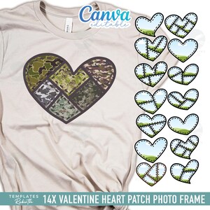 May include: A beige t-shirt featuring a large heart design composed of camouflage patterns. To the right are 14 heart-shaped photo frames with a stitched border and a landscape scene. The text "Canva editable" is in the upper right corner. The bottom of the image reads "14X VALENTINE HEART PATCH PHOTO FRAME".