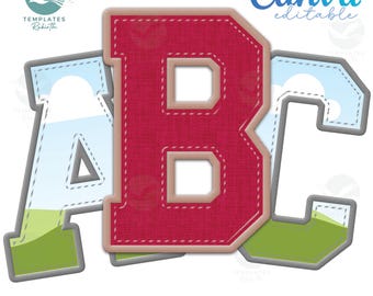 Peut inclure: Cadre de police de broderie avec les lettres A, B et C. Les lettres sont dans un style universitaire avec un fond en tissu rouge et un contour beige. Les lettres sont sur un fond blanc.