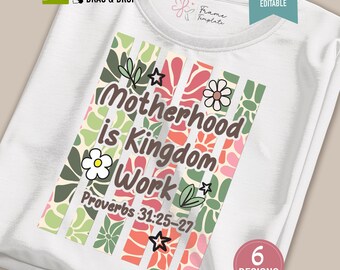 Plantilla de marco de fotos "La maternidad es obra del Reino" para Canva: Versículo bíblico floral retro para mamá en formato PNG.