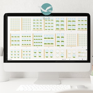 May include: A computer screen displaying a page of printable templates with different designs featuring a green hill, blue sky, and white clouds. The templates are labeled with numbers 1 through 14. The text "TEMPLATES Rebirth" is at the top of the screen.