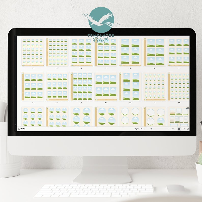 May include: A computer screen displaying a page of printable templates with different designs featuring a green hill, blue sky, and white clouds. The templates are labeled with numbers 1 through 14. The text "TEMPLATES Rebirth" is at the top of the screen.