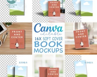 Pacote com 16 mockups de livros de capa mole editáveis pela Canva, arraste e solte sua moldura, mockups de cadernos de diário com transparência excessiva, compre mockups