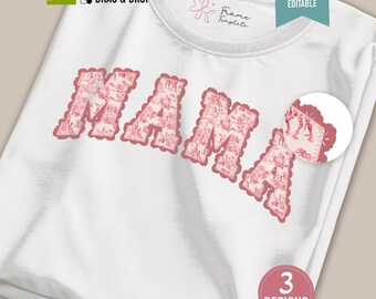 Plantilla de marco de fuente Mama Preppy Lace Patchwork Canva: Alfabeto deportivo universitario retro cristiano PNG.