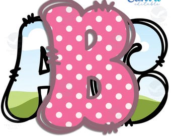May include: Retro groovy doodle font frame with the letters A and B in pink with white polka dots. The letters are outlined in black and have a gray shadow.