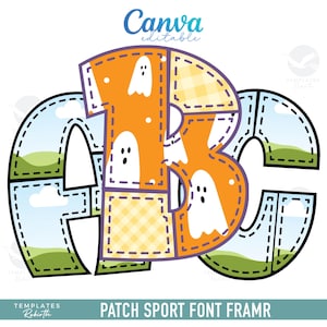 May include: A colorful ABC design with a Halloween theme. The letter B is orange with white ghost illustrations. The letters A and C have a landscape background. The design includes the text "Canva editable" and "PATCH SPORT FONT FRAMR".