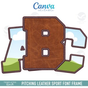 May include: A graphic of the letters A, B, and C in a baseball-themed font. The letters are brown with a leather texture and outlined with a denim-like stitch. The interiors of the letters feature a sky and grass landscape. The text "Canva editable" is at the top.