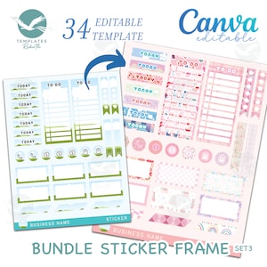 May include: A set of 34 printable planner stickers and frames in blue, green, pink, and white. The stickers include text like "Today", "To Do", and "Love You & Me". The frames are in various shapes and sizes. The text "Bundle Sticker Frame Set 3" is at the bottom of the image.