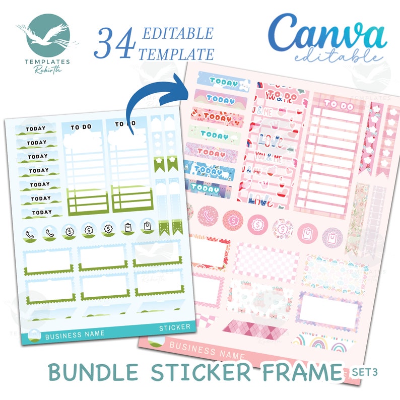May include: A set of 34 printable planner stickers and frames in blue, green, pink, and white. The stickers include text like "Today", "To Do", and "Love You & Me". The frames are in various shapes and sizes. The text "Bundle Sticker Frame Set 3" is at the bottom of the image.