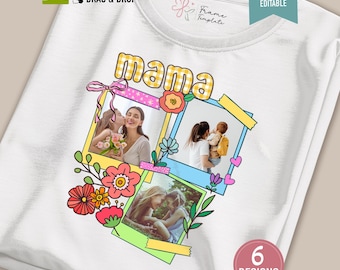Diseño de fuente para camiseta de mamá personalizada: Marco de collage de fotos Polaroid floral retro (editable en Canva, PNG)