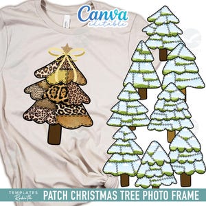 Könnte beinhalten: Ein beiges T-Shirt mit einem Weihnachtsbaum-Design mit einem Patchwork-Muster aus Leopardenmuster und goldenen Akzenten. Das Bild enthält auch mehrere schneebedeckte Weihnachtsbaumgrafiken und den Text "PATCH CHRISTMAS TREE PHOTO FRAME".