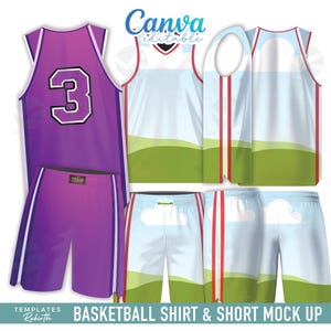 Könnte beinhalten: Ein Mock-up von Basketball-Bekleidung, einschließlich eines lila Trikots mit der Nummer 3 und passenden Shorts. Zusätzliche Trikots und Shorts zeigen ein Himmel- und Grünlandschaftsdesign. Der Text "Basketball Shirt & Short Mock Up" steht unten.