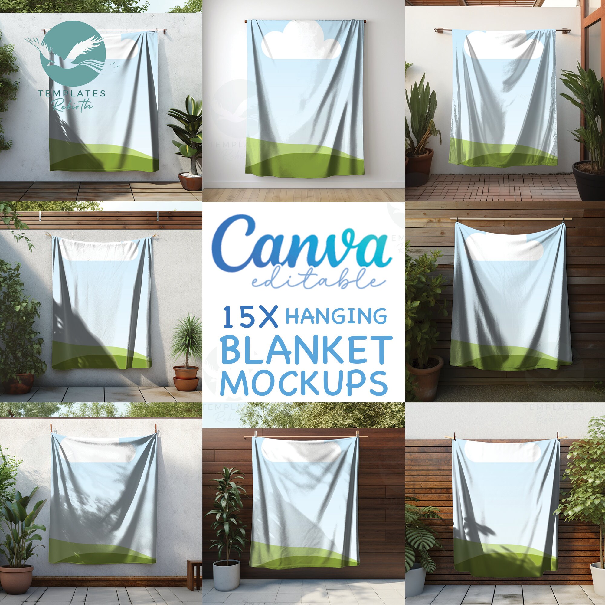 Pacote com 15 mockups de cobertores suspensos editáveis pela Canva, arraste e solte sua moldura, mockup de loja com transparência excessiva da Canva, download instantâneo