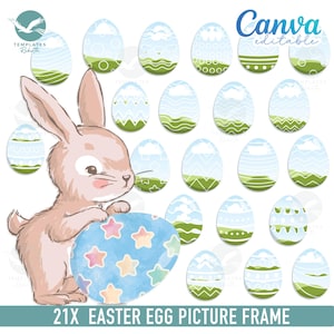 May include: 21 Easter egg picture frames with different designs. The frames are in the shape of eggs and feature various patterns, including clouds, stars, and geometric shapes. A cartoon bunny is holding a blue egg with white stars.