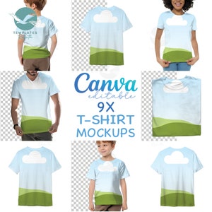May include: Nine editable t-shirt mockups featuring a blue sky with a white cloud and green hills design. Canva editable 9x T-shirt Mockups.