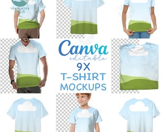 Pacote com 9 mockups de camisetas editáveis no Canva, arraste e solte sua moldura, mockup de loja com transparência excessiva no Canva para camisetas, download instantâneo