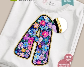 Marco de fuente personalizado estilo retro y moderno: Alfabeto floral con purpurina y lazo coqueto PNG