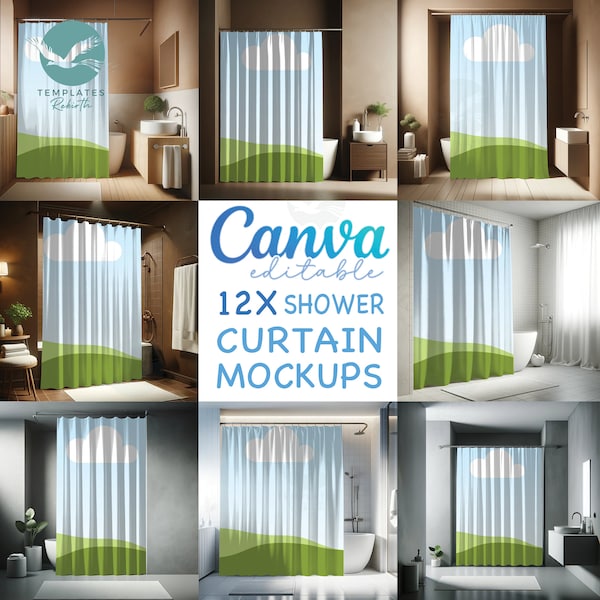 12x Shower Curtain Mockups bundle Canva Editable, Drag and Drop Your Picture Frame, Canva Overly Transparency Shop Mockup, Instant Download