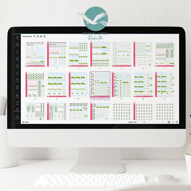 May include: A computer screen displaying a digital planner with multiple pages of green and blue themed stickers. The planner is titled "Templates Rebirth".
