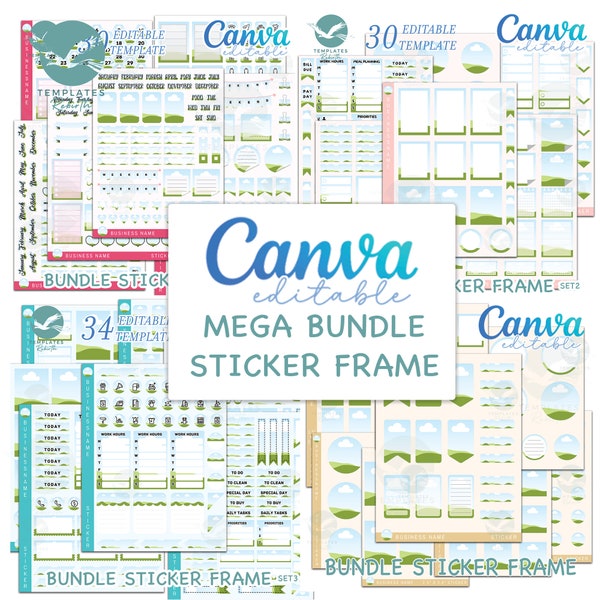 Cadre d'autocollants Mega Bundle modifiable sur CANVA. Modèle de feuilles d'autocollants personnalisés imprimable. Pack d'autocollants pour Goodnotes, OneNote et agenda numérique.