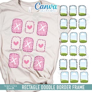 Puede incluir: Camiseta beige claro con marcos rosas garabateados con corazones y X, y marcos de paisajes. La camiseta tiene el texto "Canva editable" y "Rectangle Doodle Border Frame".