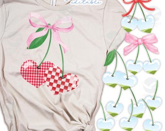 Lot Saint-Valentin coeur cerise avec noeuds coquette cadre de collage photo : conception personnalisée de sublimation de chemise de cerises (modifiable sur toile, PNG)