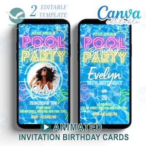 2 cartes d'invitation d'anniversaire à la piscine numériques modifiables sur toile/Remplissez votre propre cadre photo/Personnalisez une invitation vidéo animée en néon