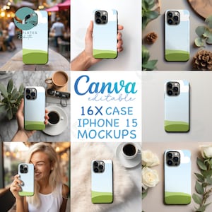 May include: 16 editable iPhone 15 case mockups. The mockups feature a blue sky with white clouds and a green grassy hill. The mockups are displayed in various settings, including a hand holding the phone, a table with a coffee cup, and a white fluffy surface with white roses.