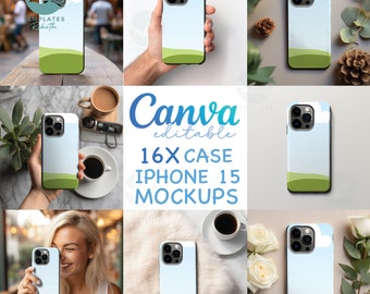 Pacote de mockups de capa para iPhone 16x 15 editáveis pela Canva, arraste e solte sua moldura, mockup de loja com transparência excessiva da Canva, download instantâneo