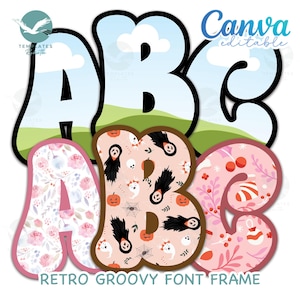 Marco de fuente retro con mayúsculas y minúsculas editable en CANVA. Complete su propio conjunto de plantillas de alfabeto con imágenes. Sublimación de letras personalizadas PNG