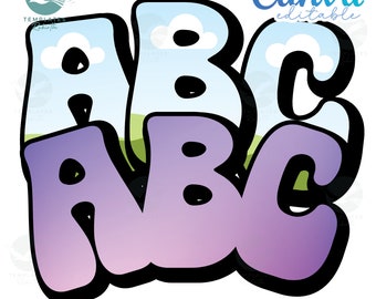 May include: Groovy font letters A, B, and C in a purple and blue gradient with a black outline. The letters are stylized with a cloud and grass background.