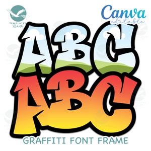 May include: A colorful graffiti font frame with the letters ABC in a bold, stylized font. The letters are outlined in black and filled with a gradient of yellow, orange, and red. The background is a light blue with white clouds and a green grassy hill.