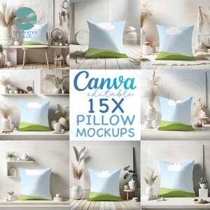 May include: A set of 15 pillow mockups featuring a blue sky and green grass design, with the text "Canva editable 15X pillow mockups" in blue and teal. The pillows are shown in different interior settings.