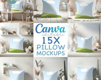 Pacote com 15 mockups de almofadas Boho editáveis no Canva, arraste e solte sua moldura, mockup de loja com transparência excessiva no Canva, download instantâneo