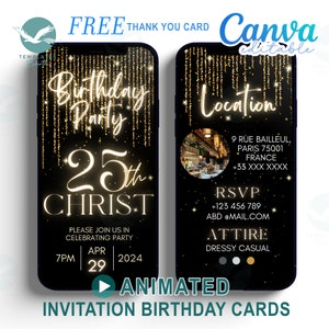 Carte d'invitation d'anniversaire numérique sur toile modifiable/remplissez votre propre image/personnalisez vidéo animée d'invitation à un dîner en noir et or élégant