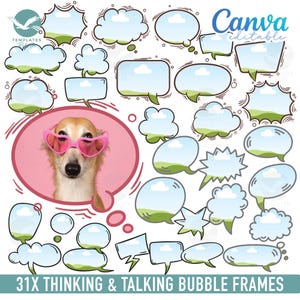 May include: A set of 31 hand-drawn cartoon speech bubbles in various shapes and sizes. The bubbles are white with black outlines and feature clouds, grass, and other details. The text "Canva editable" is visible in the top right corner of the image.